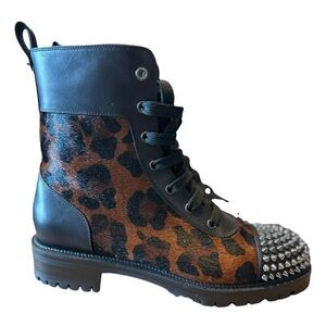 Christian Louboutin Black and Brown Leopard Combat Boots